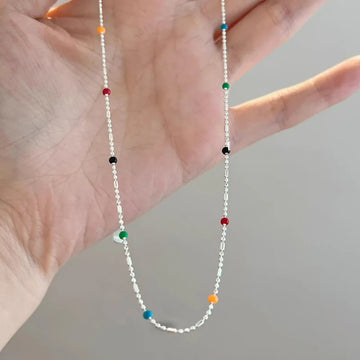 Sterling Silver 925 Necklace – Geometric Multicolour Bead Choker