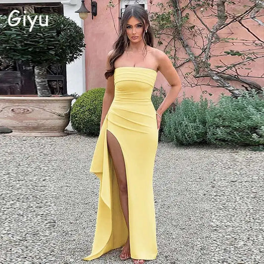 Giyu Summer Maxi Dress – Slash Neck, Ruffles & Split Elegance