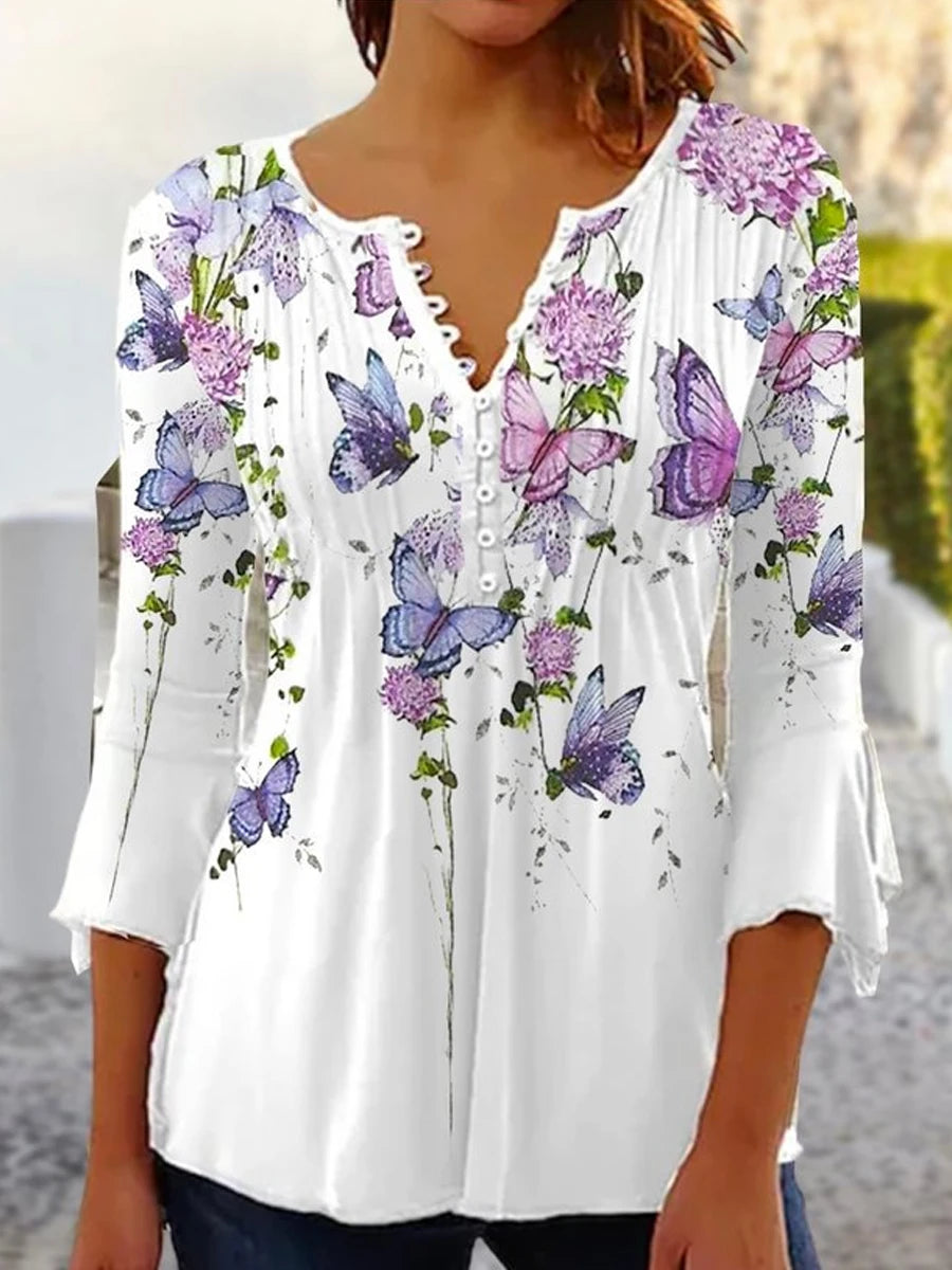 Women’s Fashion Shirt – Loose Long Sleeve Elegant Print