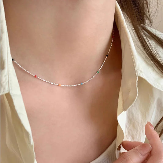 Sterling Silver 925 Necklace – Geometric Multicolour Bead Choker